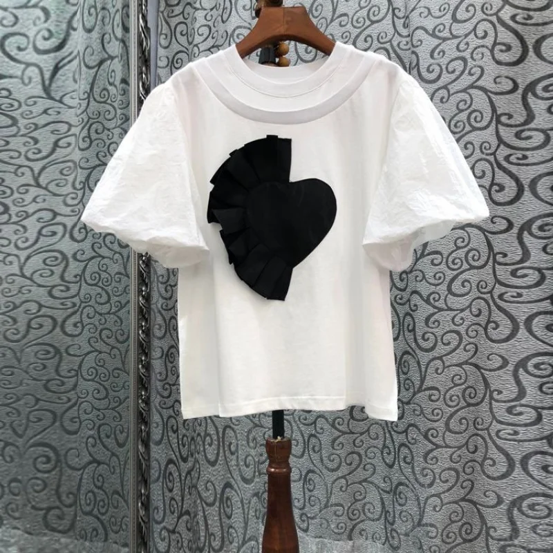 Neplo Korea Femme Casual Tops 2024 Summer Streetwear Tees O-Neck Double-Neck Pleated Love Splice Bubble Short Sleeve T-Shirts