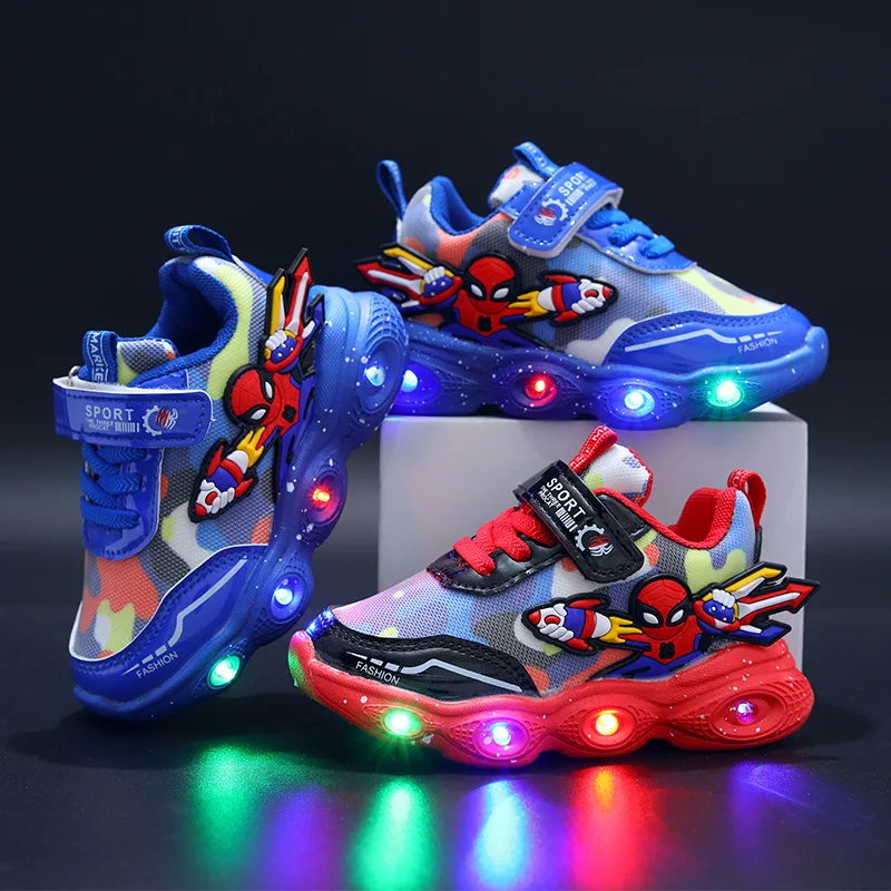 

Disney LED Casual Sneakers Red Blue For Spring Boys Spiderman Outdoor Shoes Children Lighted Non-slip Mesh Shoes Size 21-30