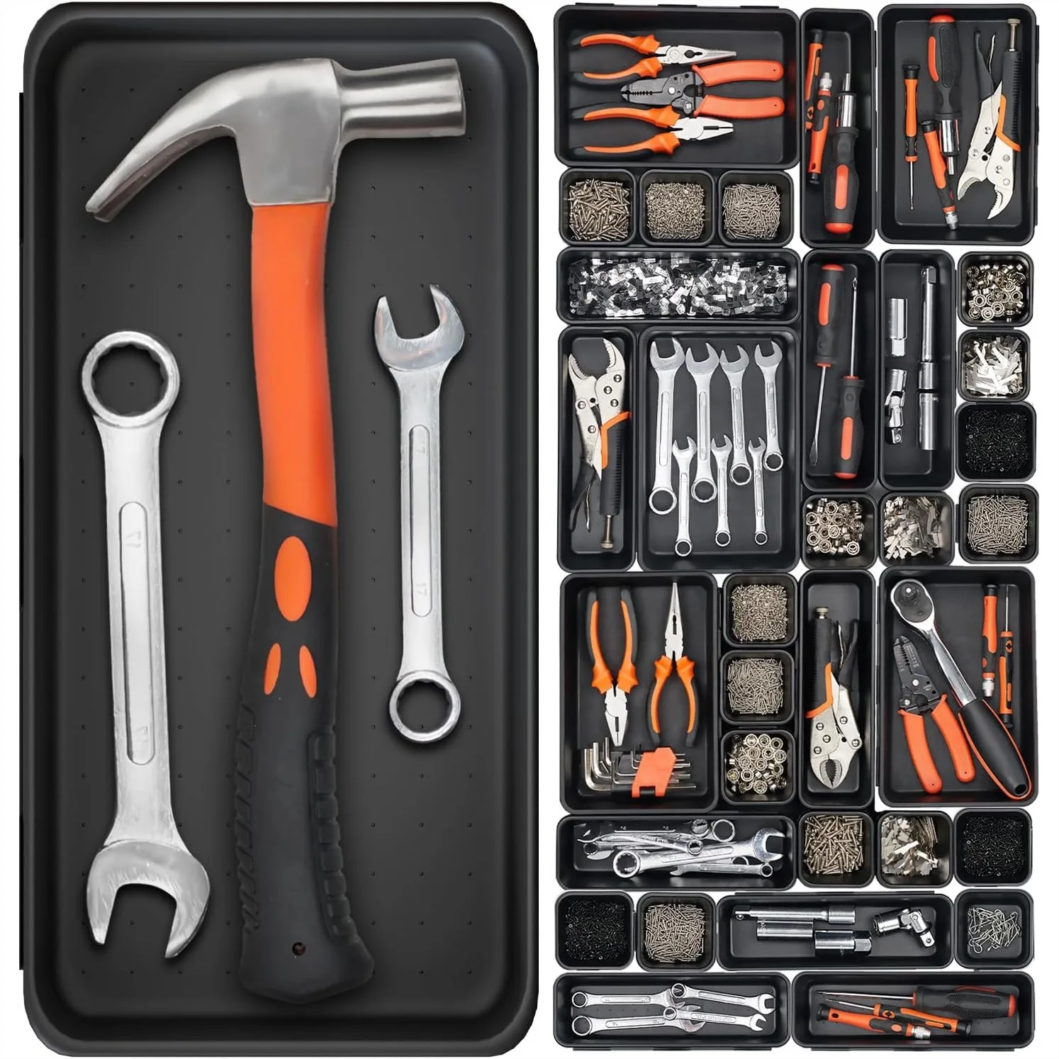 

46 Pack 5-Sizes Tool Box Organizer Tray for Hammer Wrench Screw and Small Parts with Garage Drawer Storage, Black