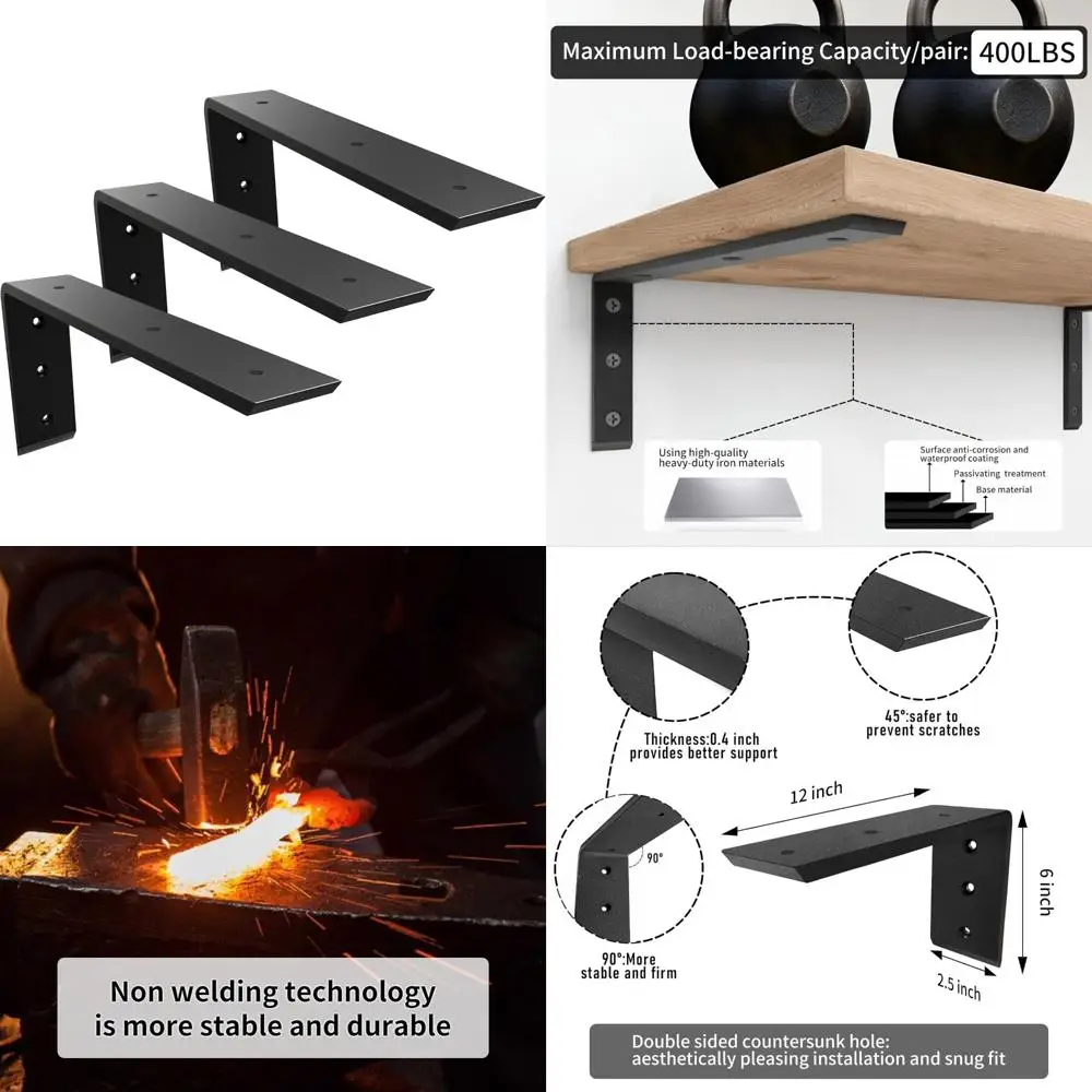 Heavy-Duty 12 Inch L-Shape Metal Countertop Brackets for Quartz and Granite, 0.4 Inch Thick, 12x6x2.5 Inch Support Shelf