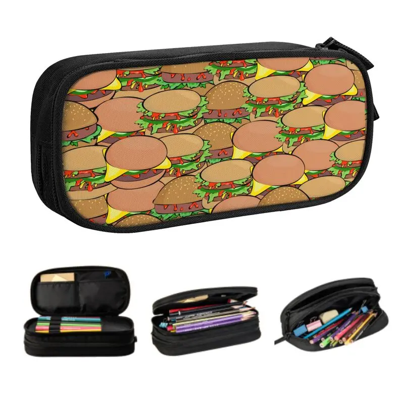 Kawaii Burger Pattern Pencil Case para Meninas e Meninos, Caixa de Lápis Grande Capacidade, Material Escolar