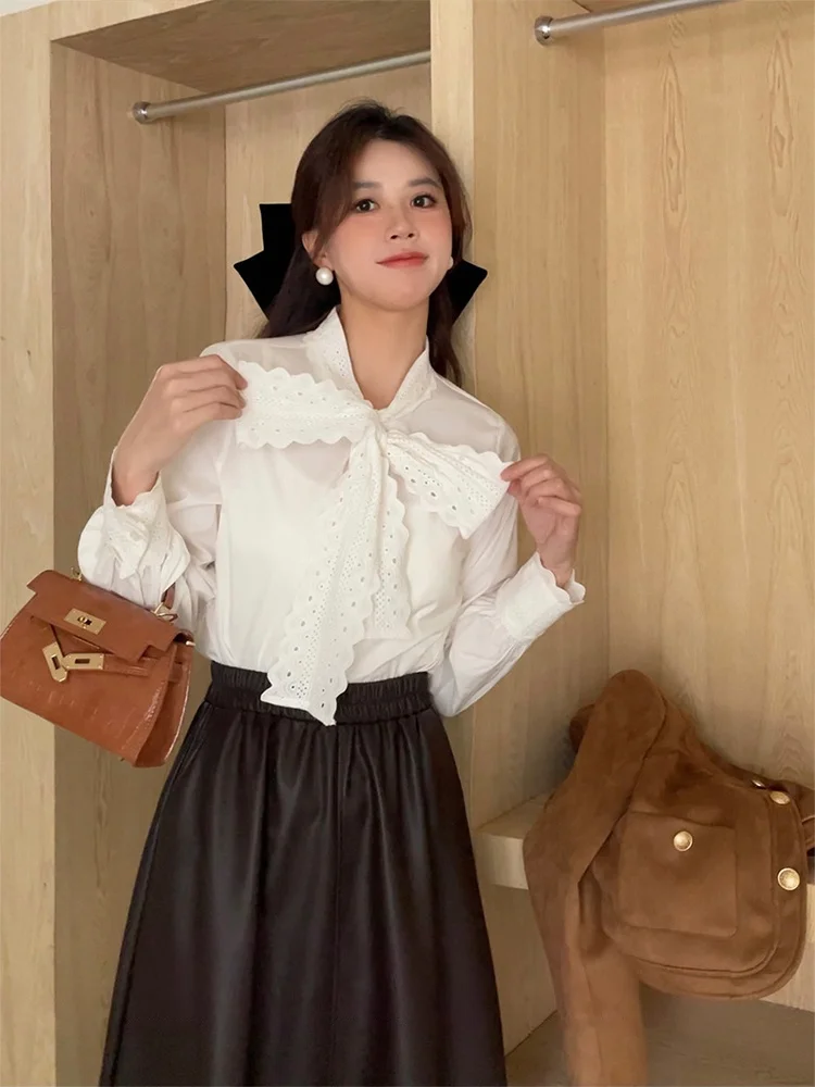 

Женская блузка с кружевным узлом, элегантный белый топ для ранней весны, многослойная базовая рубашка с V-образным вырезом, осенне-зимняя, с длинным рукавом