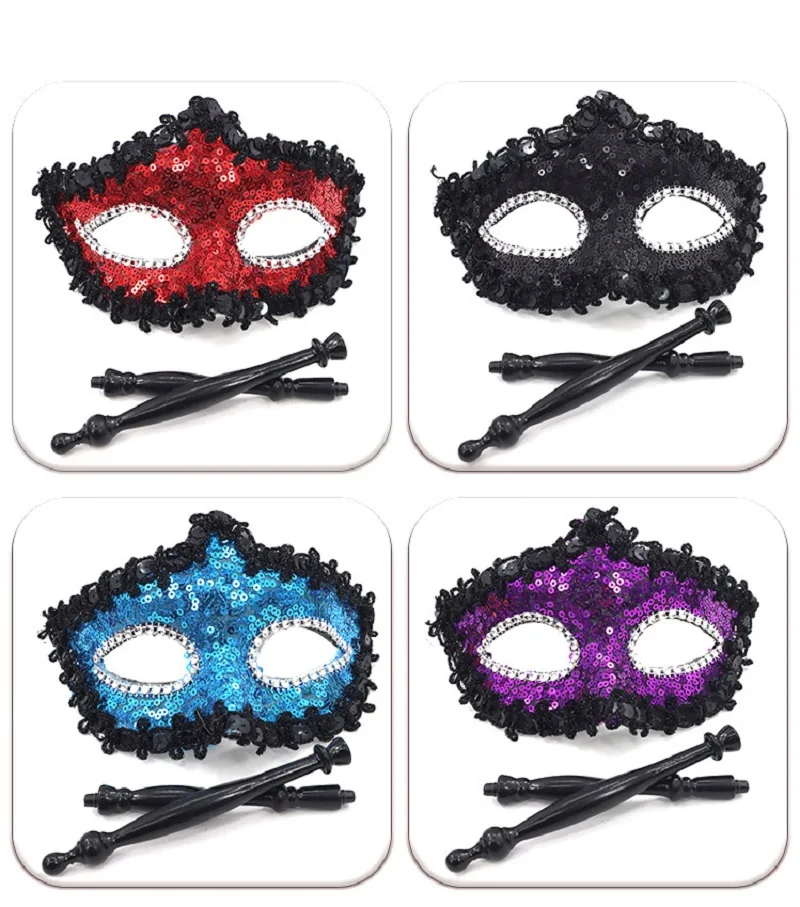 Women Hand Held Mask Masquerade Princess Mystique Sequin Half Face Mask Mardi Gras Party Holding Stick Half Face Mask