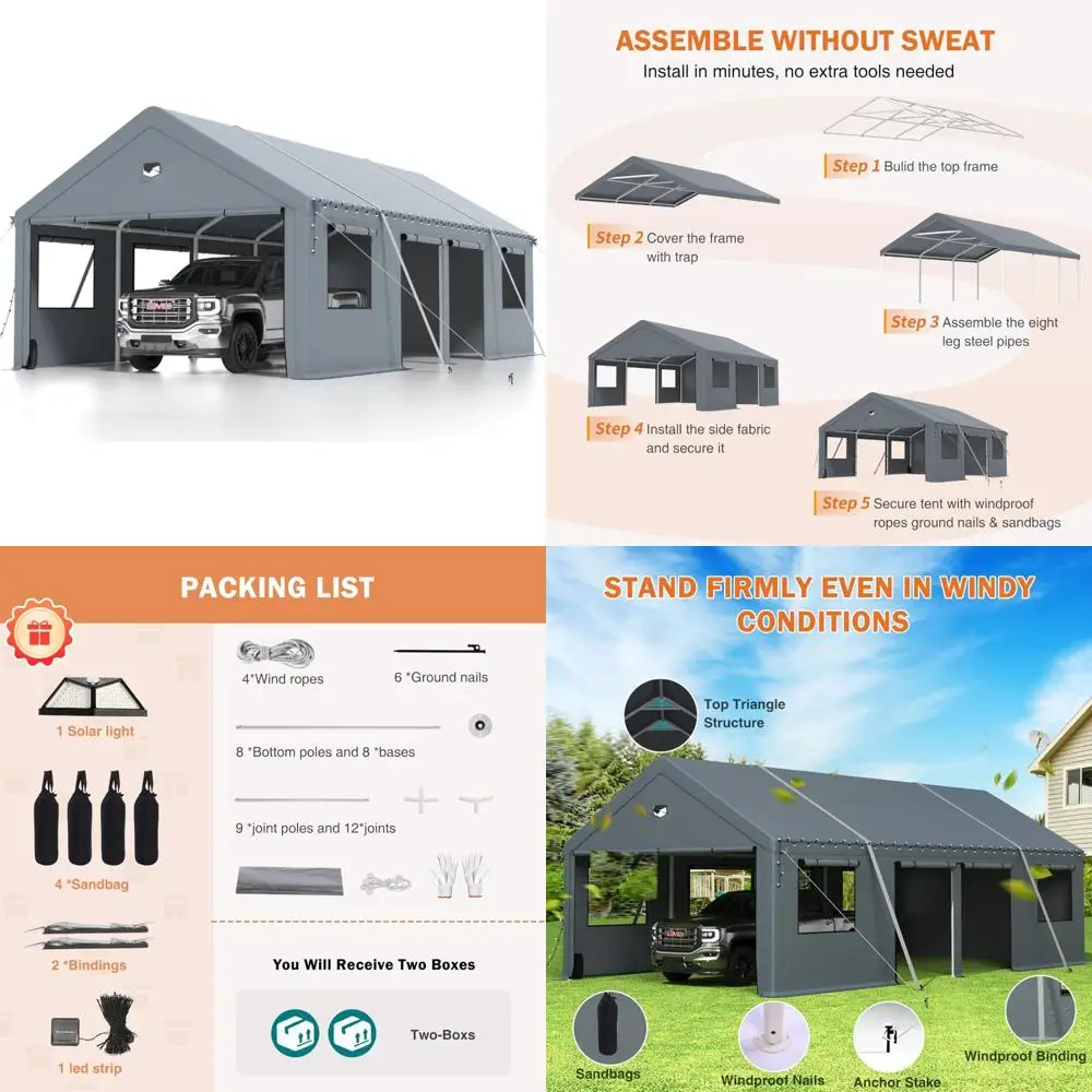 

Heavy-Duty Portable Carport Garage, 13x25 Outdoor Car Shelter with Side Doors, All-Weather Protection, Gray