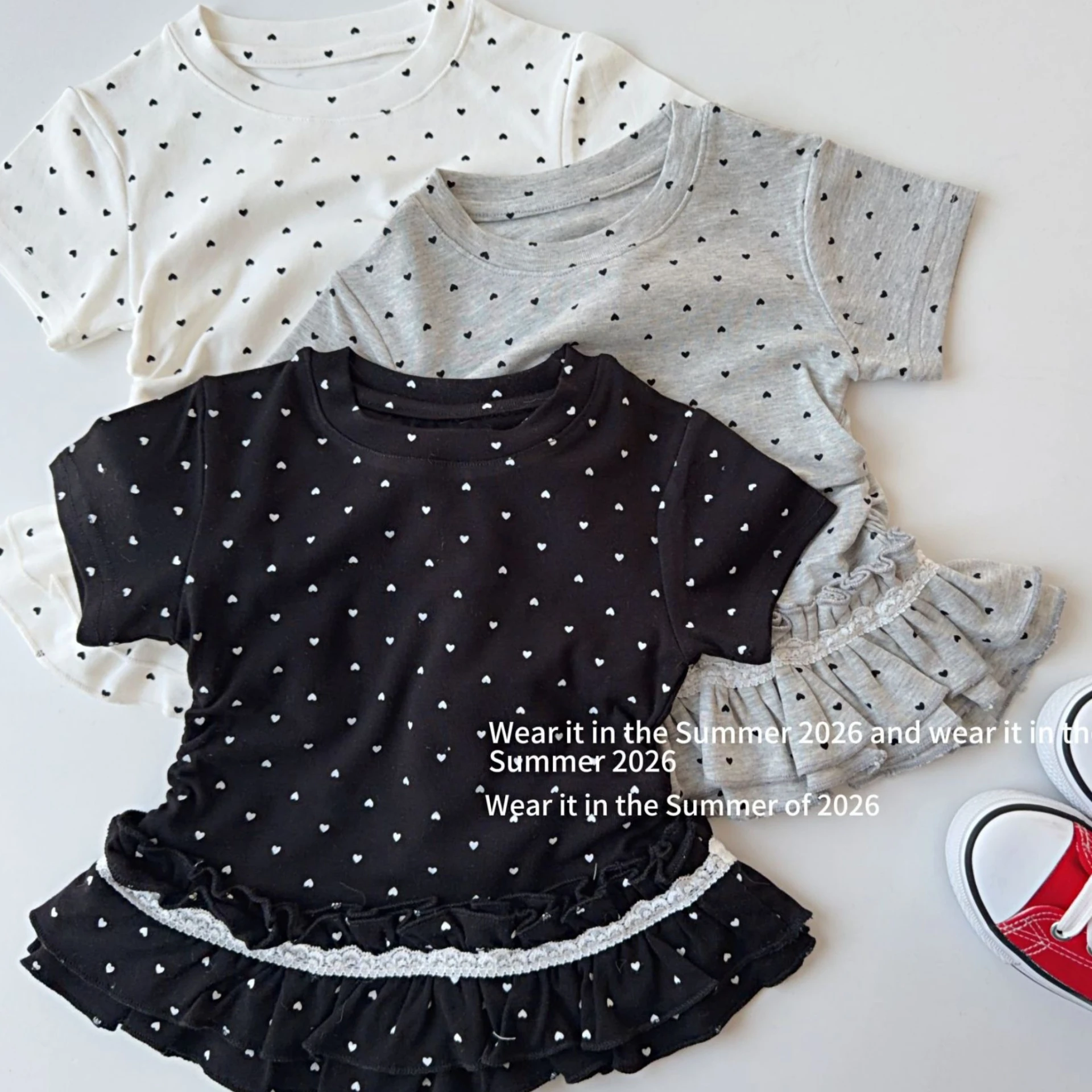 

Girls T-shirt 2026 spring and summer new childrens clothing Korean style girl baby polk-dot print lace hem short-sleeved T-shirt