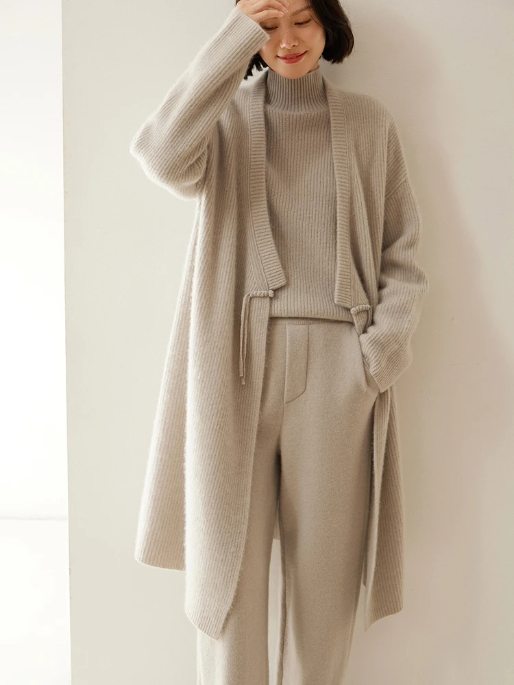 Heavyweight Women 100% Cashmere Long Cardigan Chinese Style Cashmere Sweater Autumn Winter Thick Warm Cashmere Sweater Coat