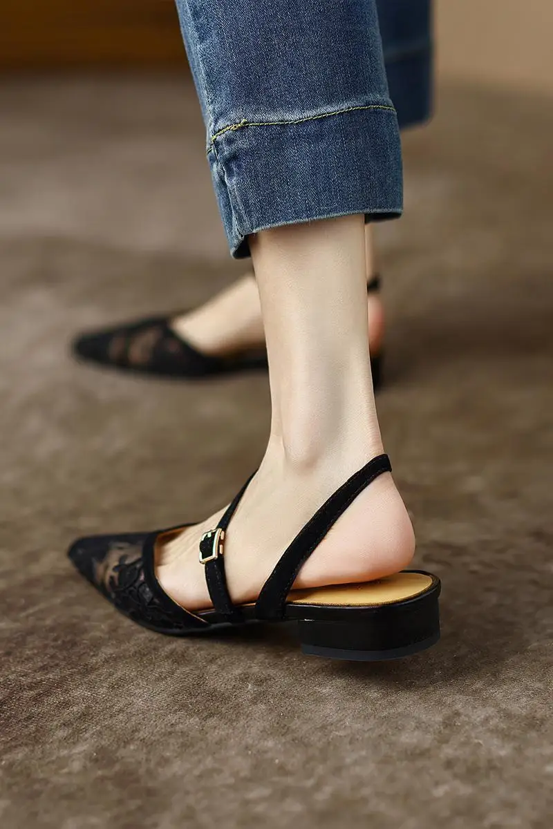 Ladies Shoes Lace Footwear Clear Transparent Sandals For Women Pointed Toe Summer 2024 With Low Heels Beige Elegant Classy Price