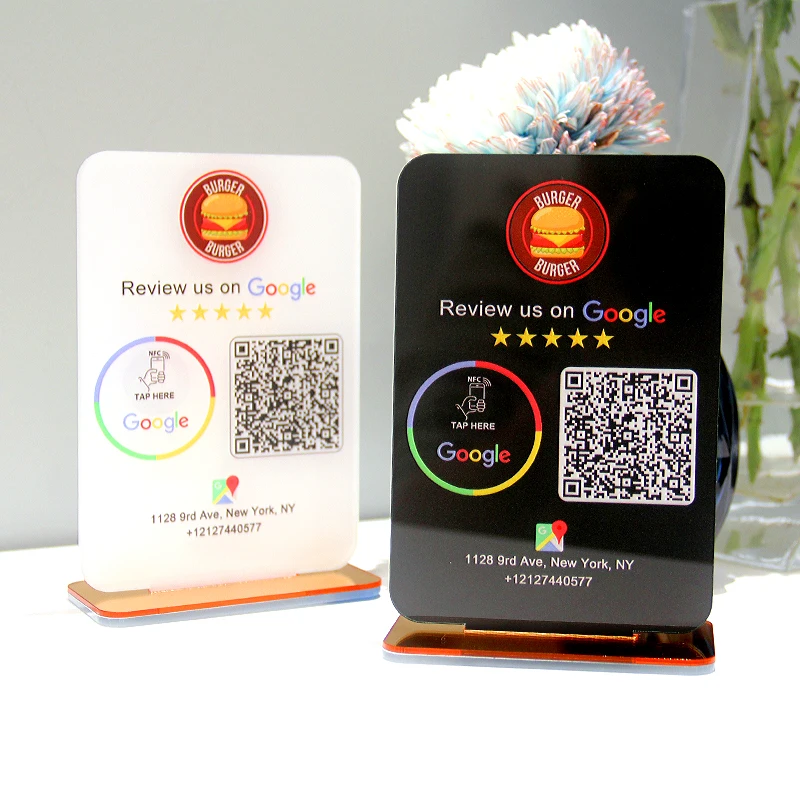 Personalized Google Review Sign NFC Scan Code Acrylic Social Media Signs Google Review Plates with Stand Base Store Decorations