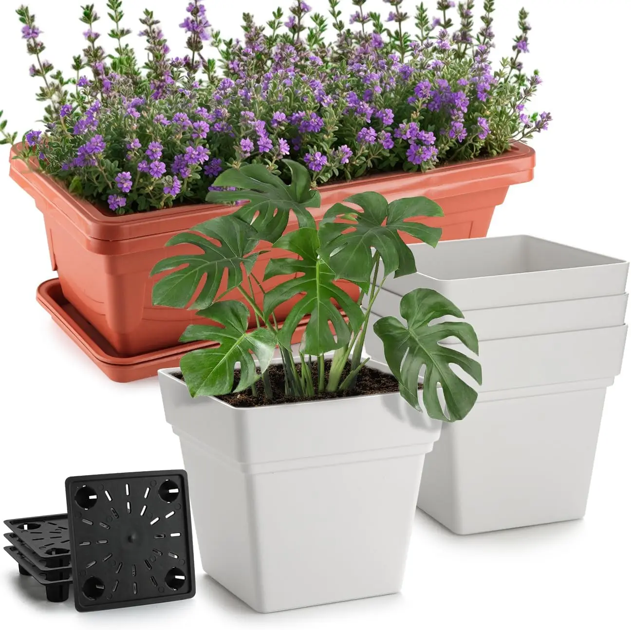 

6-Pack 17" + 7" Window Box Planters & Square Pots - 4p Square Planters with Built-in Drainage & Stopper, 2p Rectangular