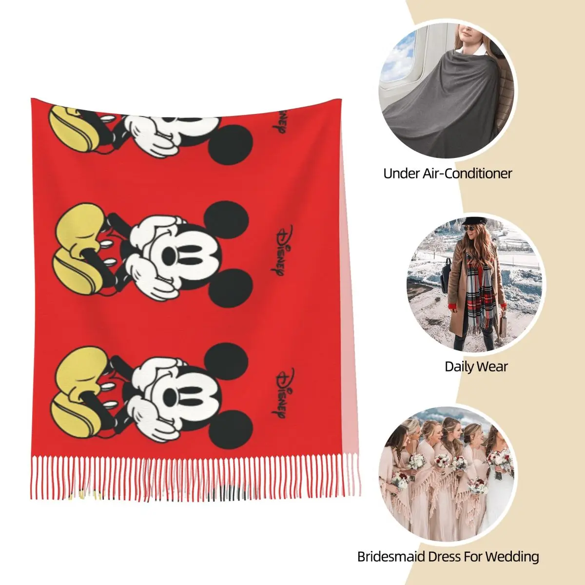 Mickey Mouse Cartoon Scarf Ladies Headwear Scarves with Long Tassel Winter y2k Funny Shawl and Wrap Warm Soft Custom DIY Foulard