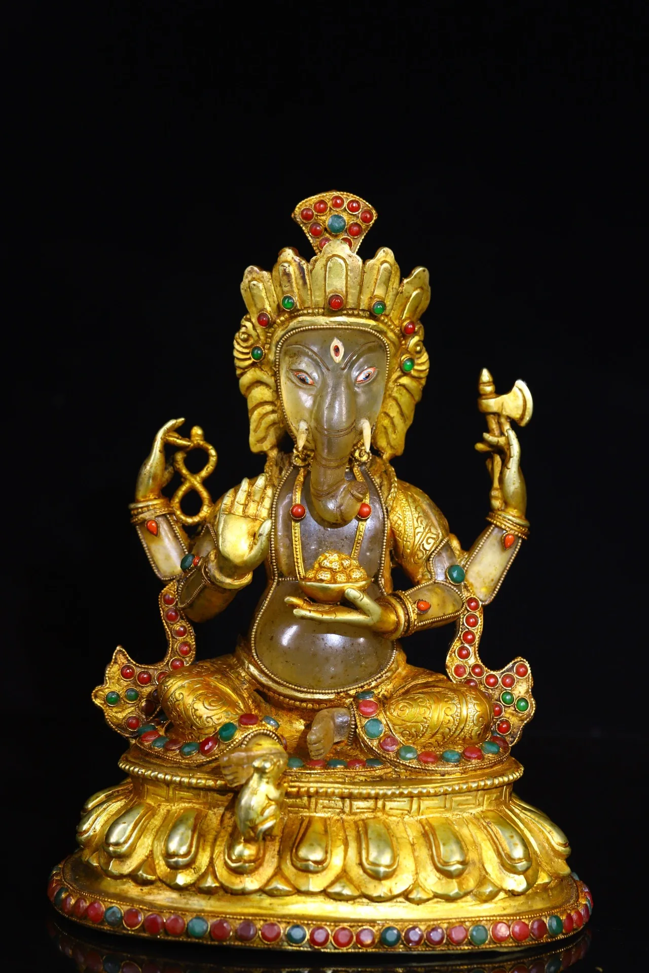 

10"Tibetan Temple Collection Old Natural Crystal Mosaic Gem Four arms Ganesh Buddha Elephant Trunked God of Wealth Worship Hall