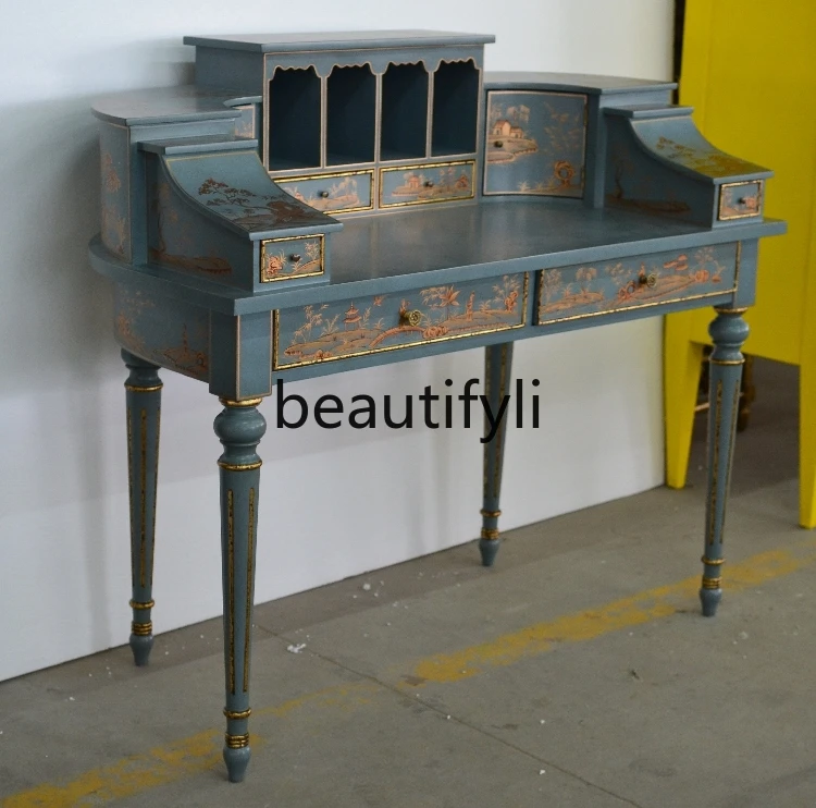 

French hand-painted landscape solid wood piano-shaped desk writing desk dresser multi-drawer