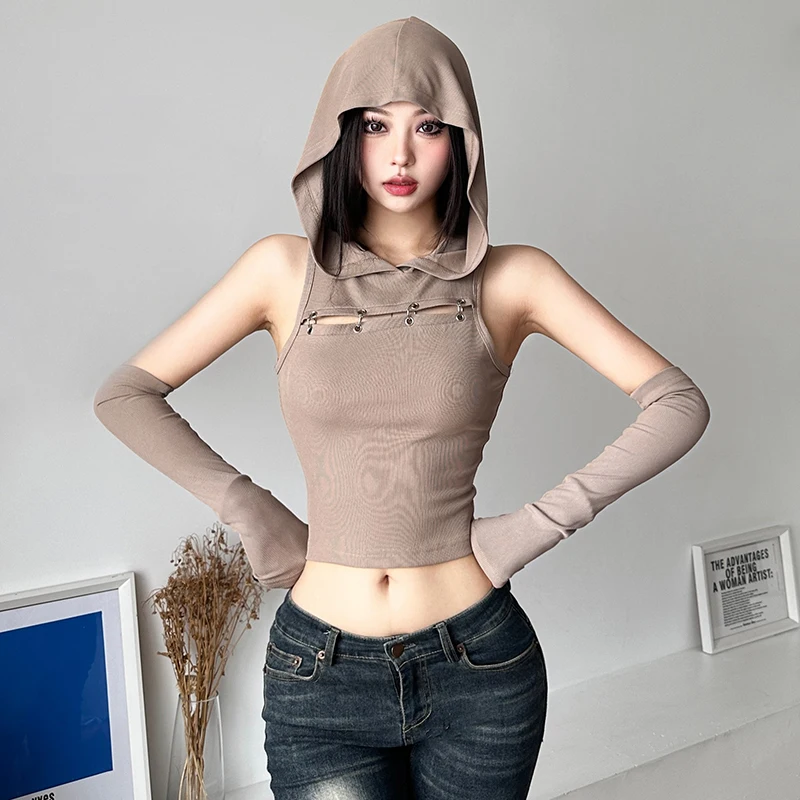 

Designer Wasteland Style Personality Hollow out Hooded Vest Street High Waist Solid Color Midriff-Baring Top