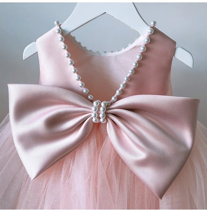 Атласное платье с жемчужной юбкой для детей, одежда для вечеринки в честь дня рождения и вечеринки с большим бантом, элегантное платье для фестивальных вечеринок, свадебного выпускного вечера