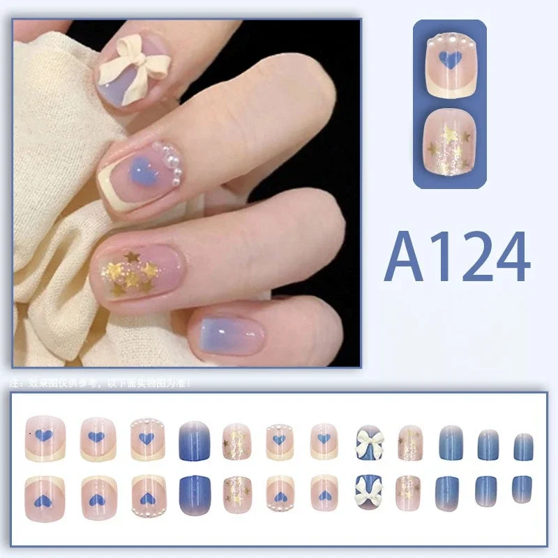 24 Teile/satz Frische Kleine Blume Design Tragen Falsche Nägel Abnehmbare Französisch Klebstoff Gefälschte Nail art Volle Abdeckung Acryl Drücken auf Nagel