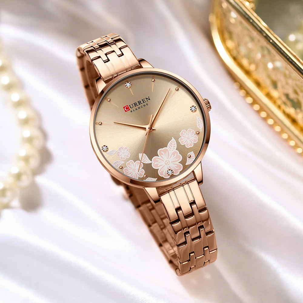 CURREN Fashion Quartz Wristwatches for Women Simple Stainless Steel Watch Bracelet with Flower Design Dial