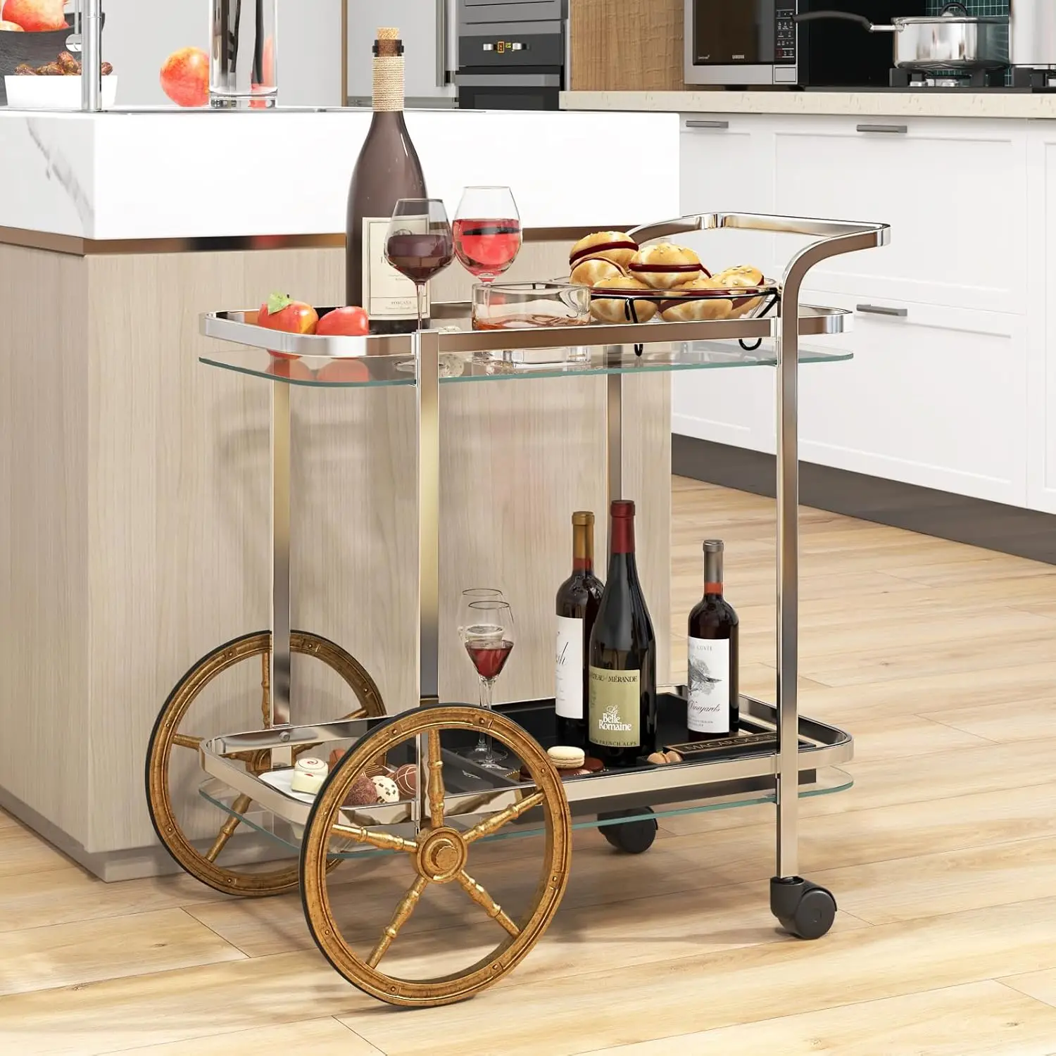 Tangkula Bar Cart For The Home, 2-Tier Rolling Tempered Glass Serving Cart, 2 Large Gold Aluminum Wheels & 2 Casters, Handle,