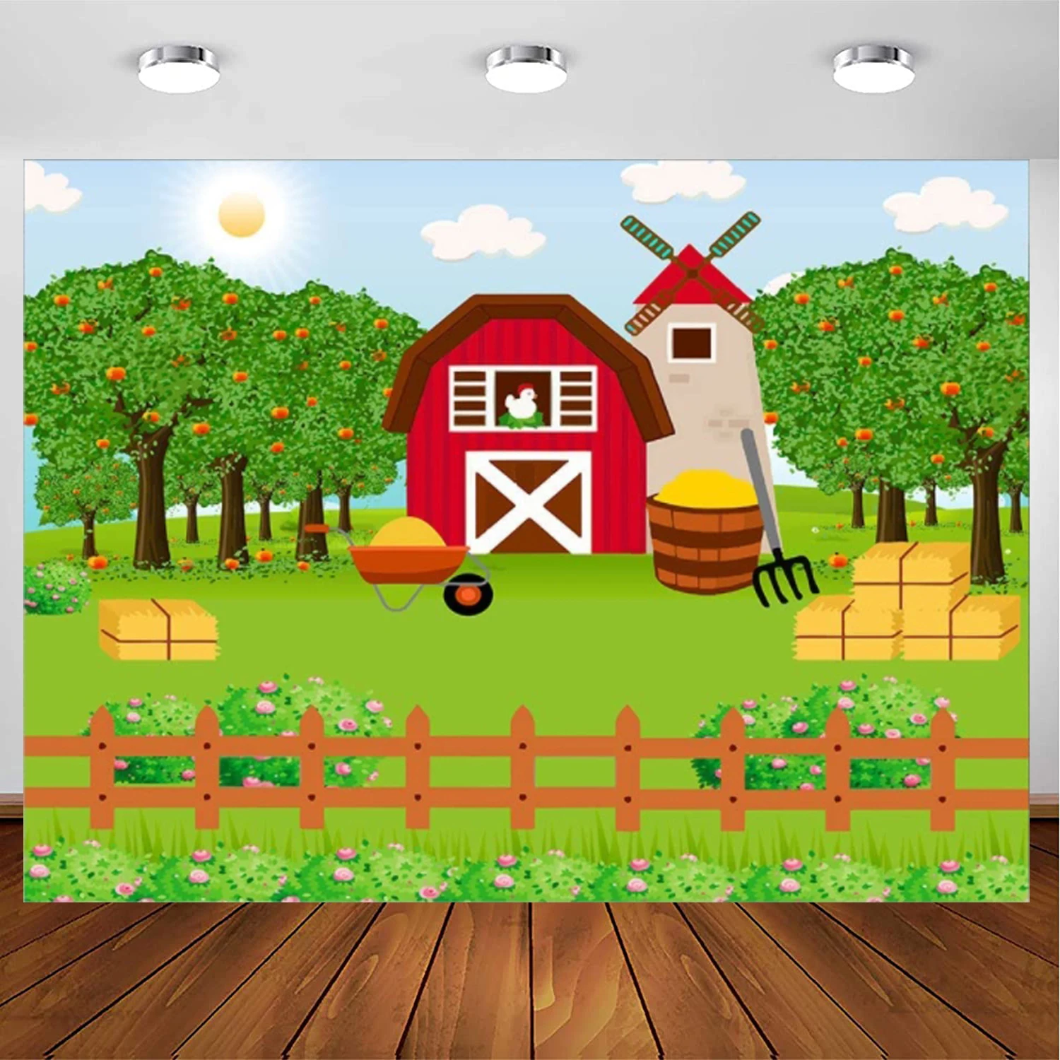 

Farm Barn Photography Backdrop Cartoon Farm Fruit Tree Fence Flowers Tree Farm Animals Theme Party Decorations Background