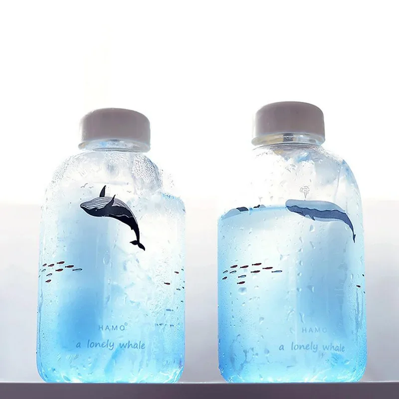 Whale Gradient Color Glass Water Bottle with Sleeve 600ml Kawaii Cup Cute Animal Bottles Camping Sport Bottle Tour Drinkware