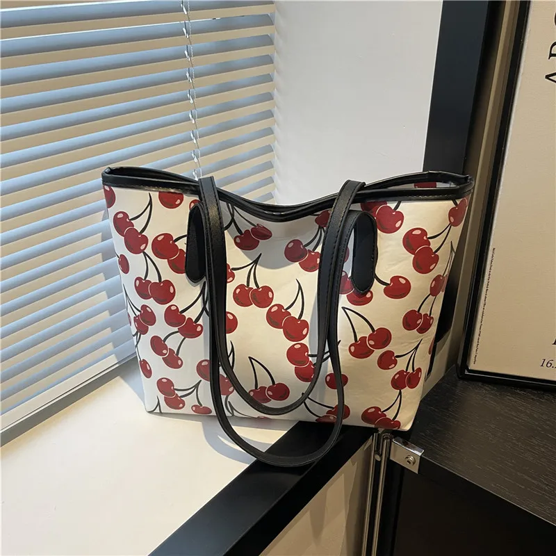 

Women's Cherry Print Tote Bag - Multiple Colors Cute Fruit Pattern Shoulder Bag for Daily Shopping & Casual Use