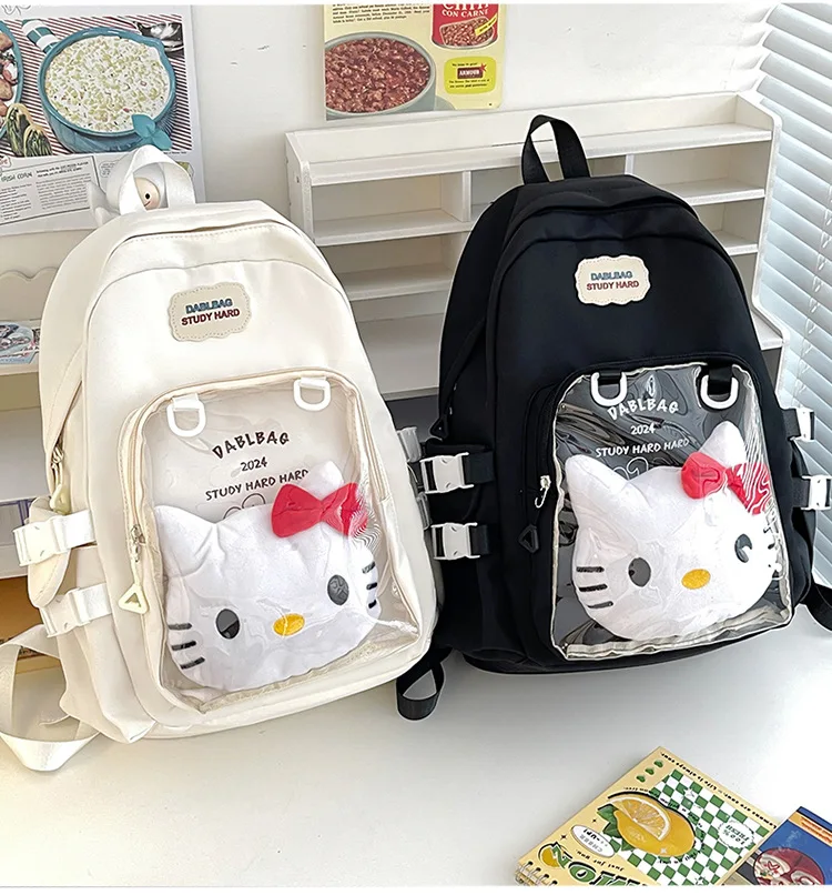 

Sanrio Cartoon Hello Kitty Large Capacity Children Backpack School Bag Transparent Pocket Backpack Student Stationary Girl Gift