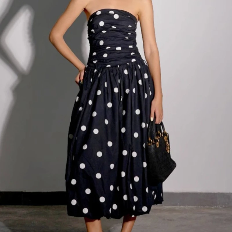 Neues Modisches Punktemuster Trägerloses Hochgeschnittenes Kleid für Damen Retro Ärmelloses Langes Kleid Elegantes Abend-Party-Midikleid