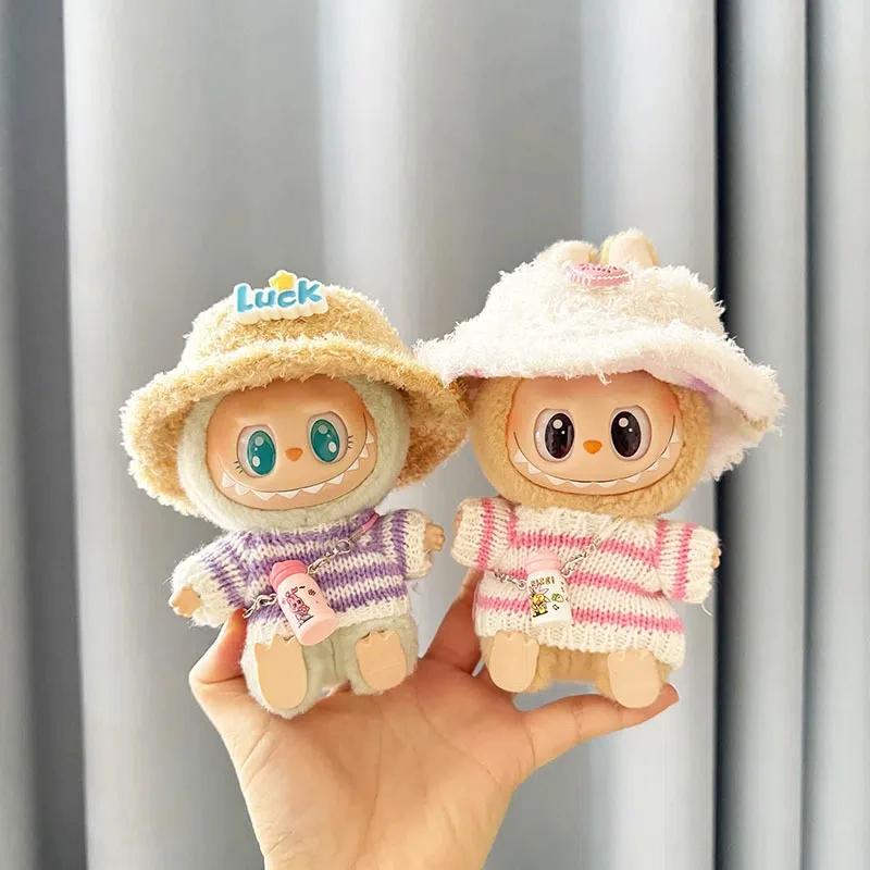 17cm Labubu V1 V2 Doll Clothing Cute Fashion Sweater Clothing Accessories Party Striped Sweater Hat Cup Toy Cute Surprise Gift