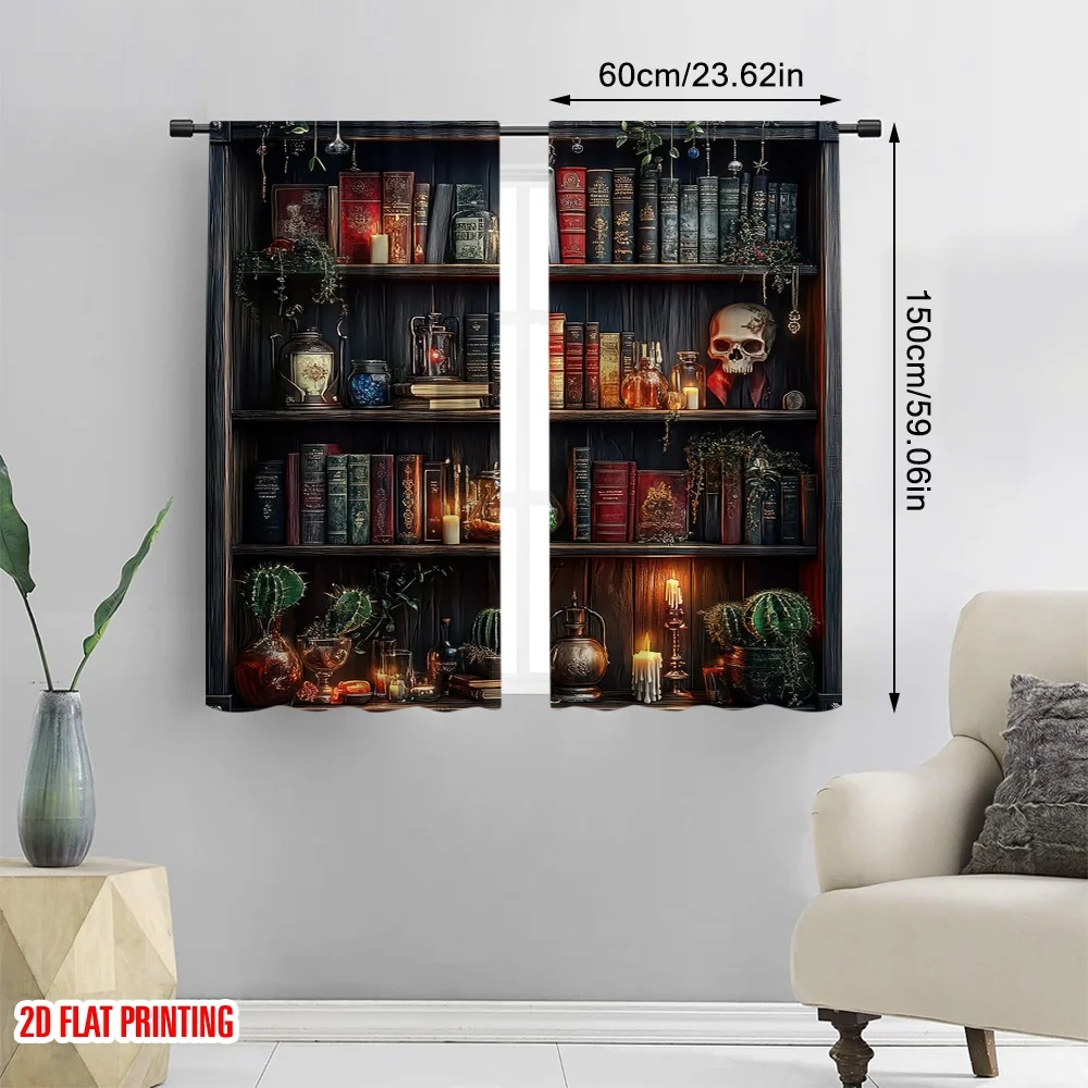 2pcs 2D flat printing Curtains Mystical Bookshelf 100% Polyester Without Electricity Party Decorations Perfect for Indoor