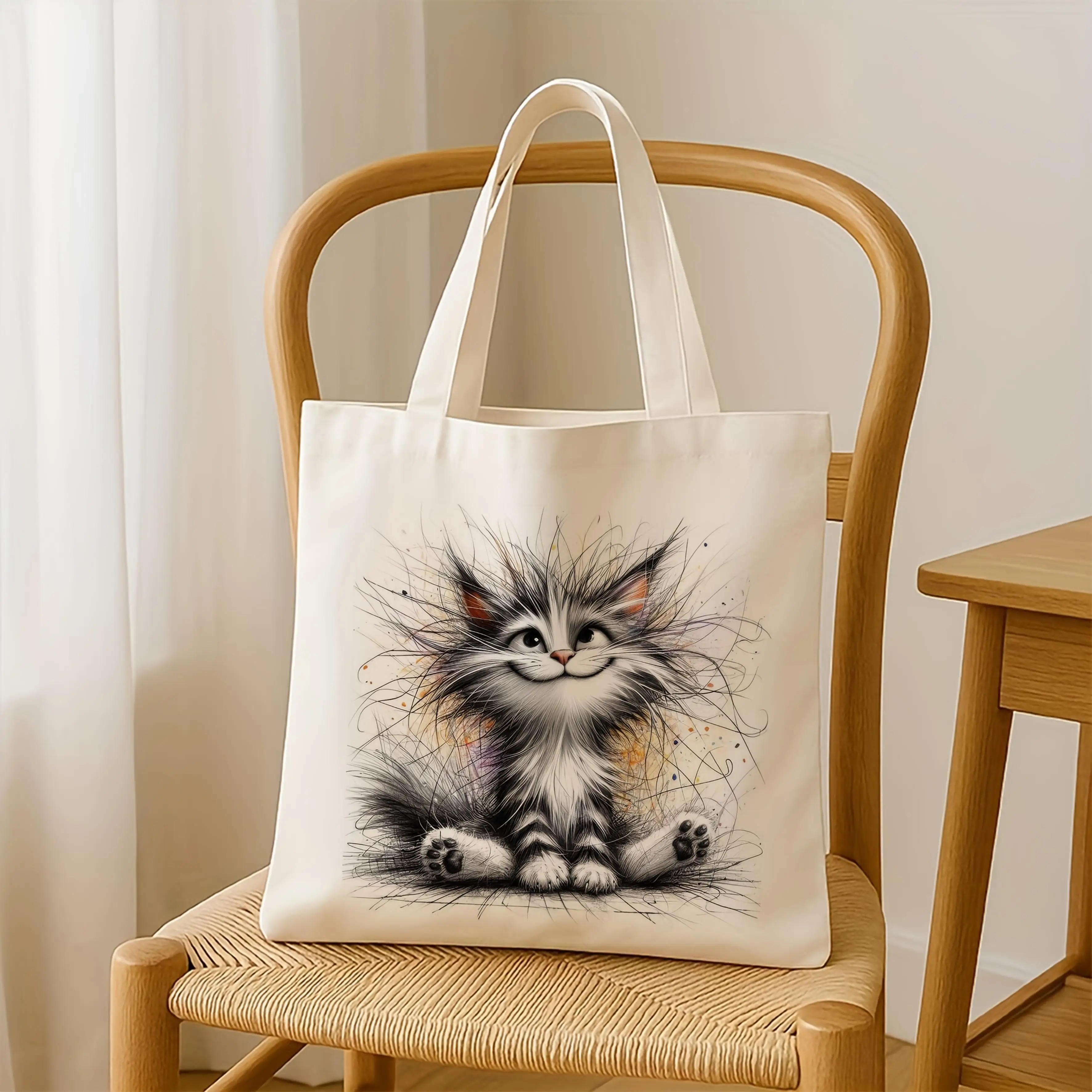 Cute Kitten with Electric Cords Design Reusable Shopping Tote Bag Canvas High Capacity Lightweight Grocery Bag Fashion Bags