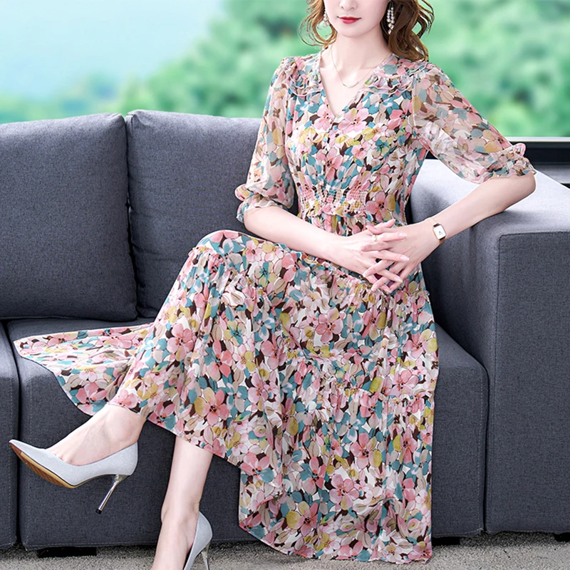 Summer Floral Natural Silk V-Neck Midi Dress Women Boho Fashion Light Beach Sundress 2024 Korean Elegant Bodycon Casual Dresses