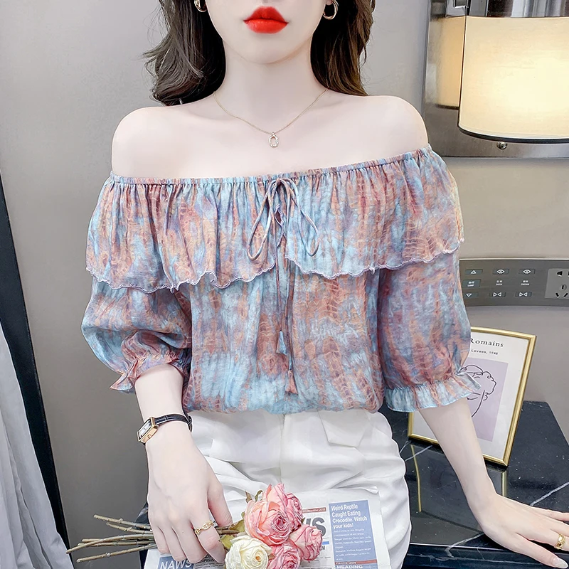 

Ladies Fashion Sexy Floral Off Shoulder T Shirts for Women Clothing Girls Flounce Tops Female Nice Clothes Cheap Wholesale BPAX