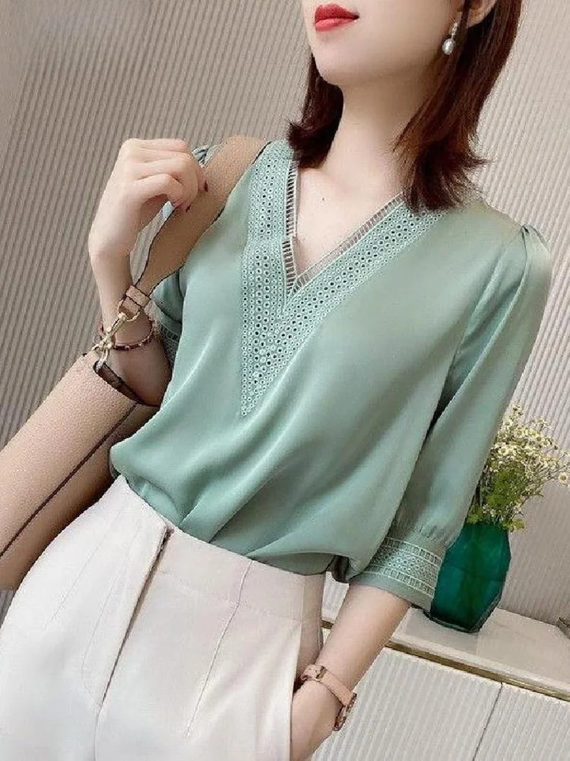 elegant-satin-women's-shirt-v-neck-embroidered-slimming-plus-size-summer-fashionable-top-quality-fabric-stylish-design