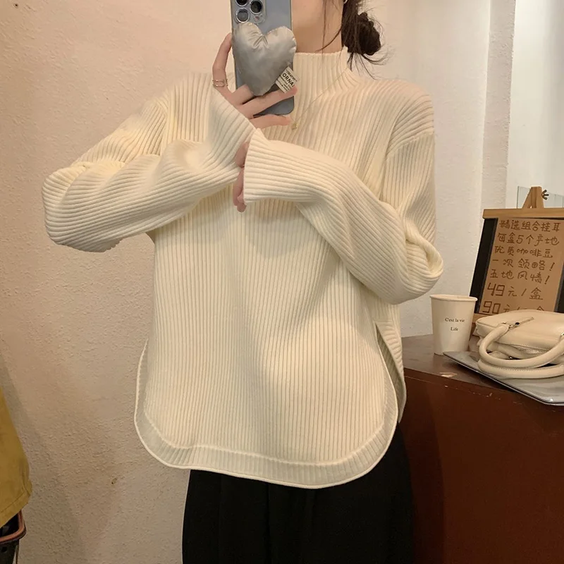 Fashion Half High Collar Solid Color Casual Sweaters Women Clothing 2024 Autumn Winter New Loose Korean Pullovers All-match Tops