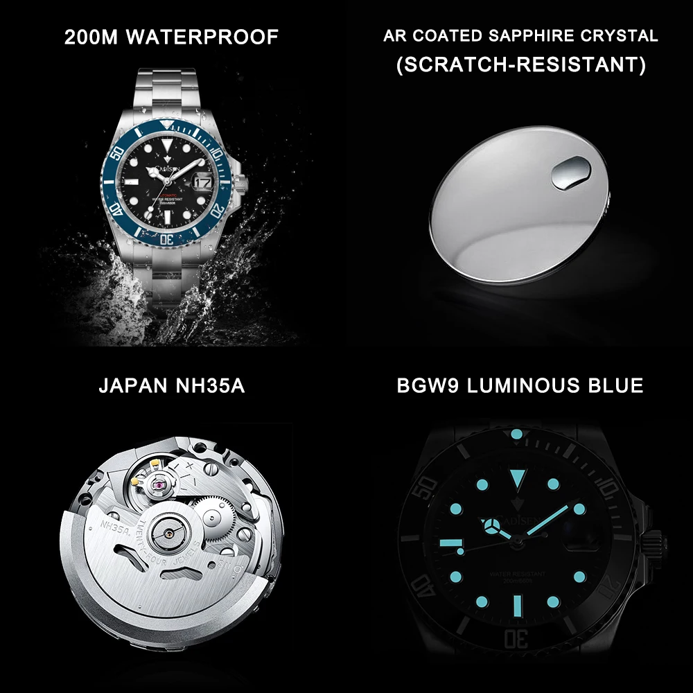 CADISEN New Men Automatic Mechanical Watches NH35A Movement Stainless Steel Sapphire Glass Waterproof Men Watches Reloj Hombre