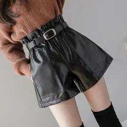 Women Chic Fashion Faux Leather Shorts Vintage High Waist Female Shorts All-Match Solid Color Loose Casual Shorts