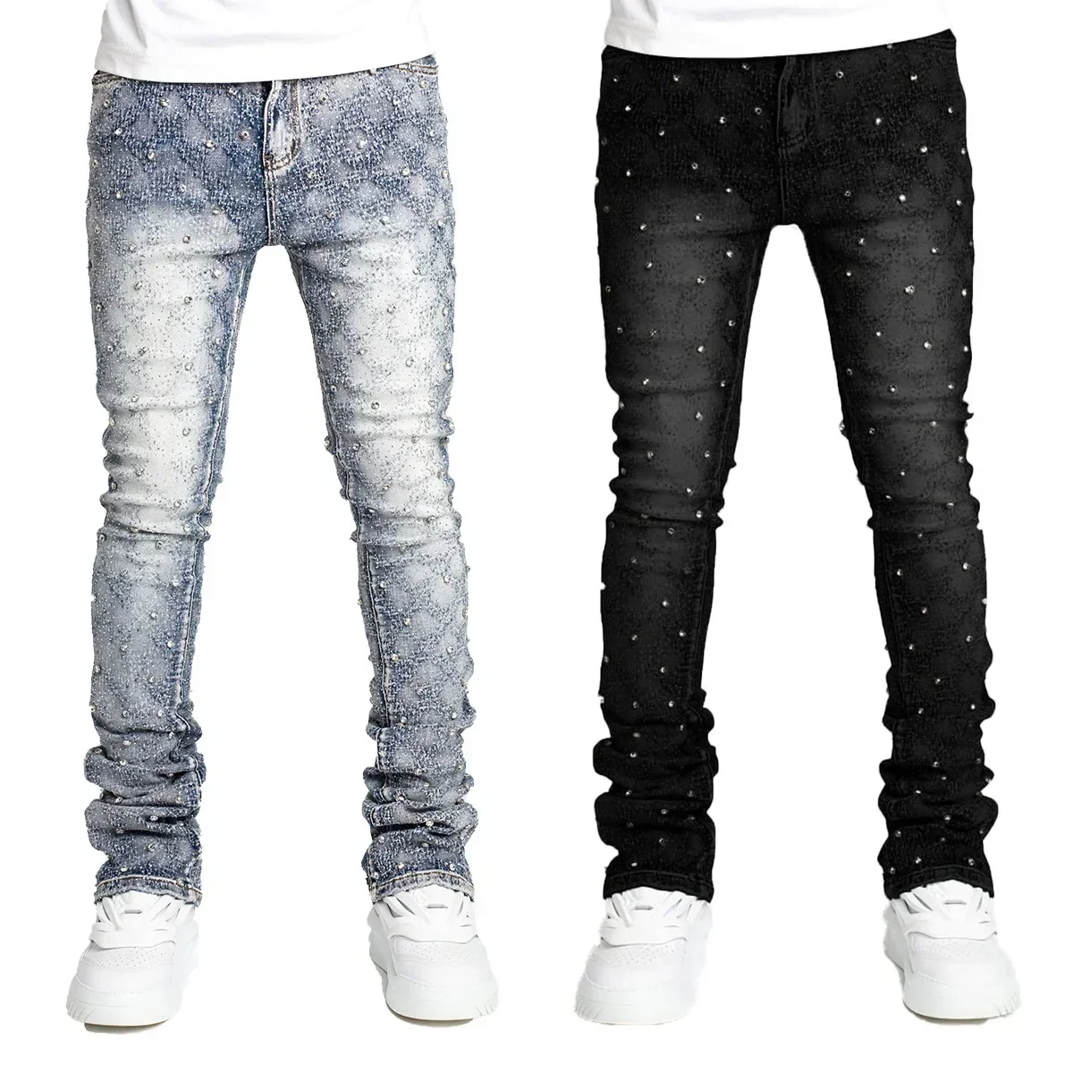 Mens Jeans Fashion Straight Stretch Pearl Denim Laminated Pants for Men