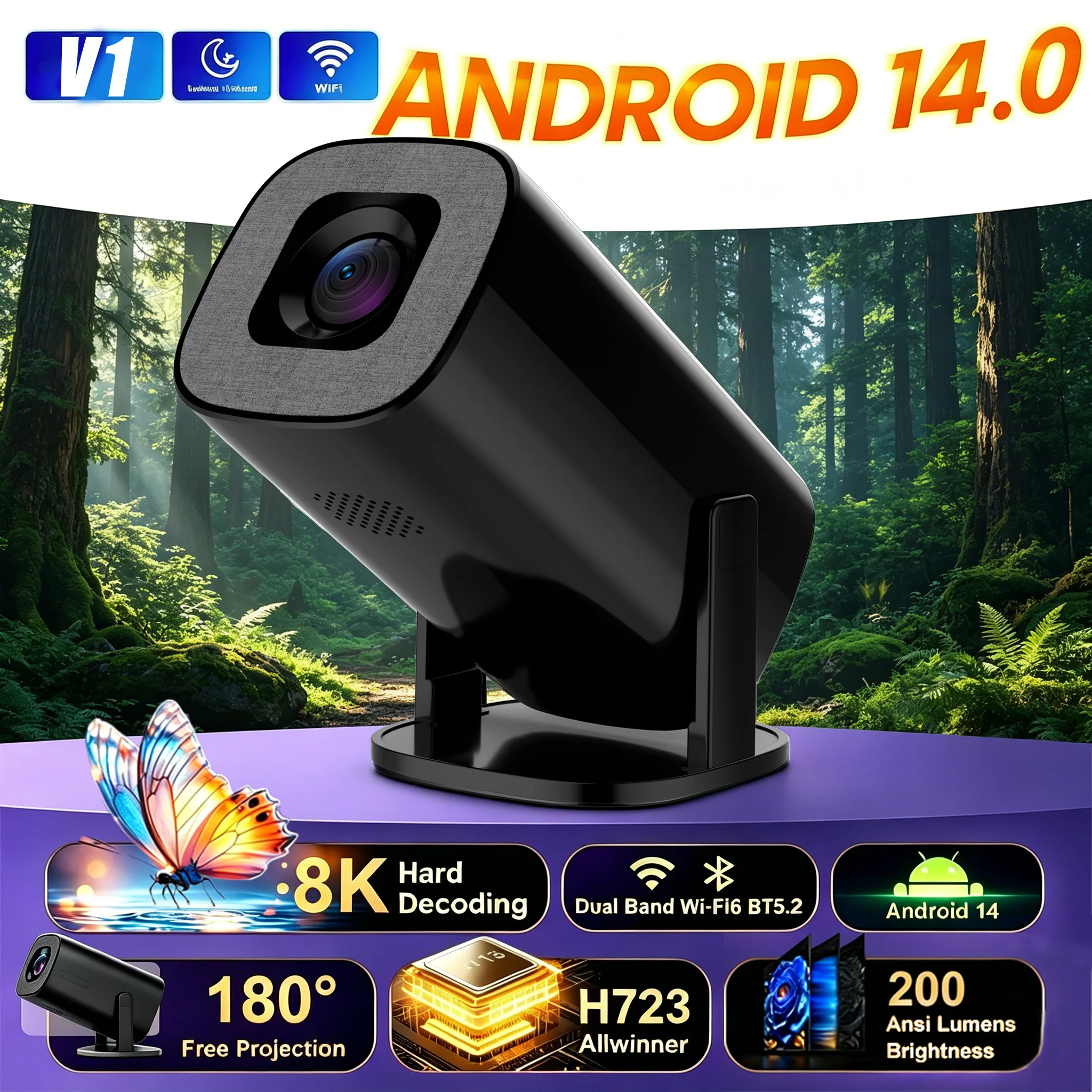 

Linglan 2026 New V1 Black Projector, 200 Lumens Portable 8K Ultra HD Android Smart Home Theater, Free Shipping