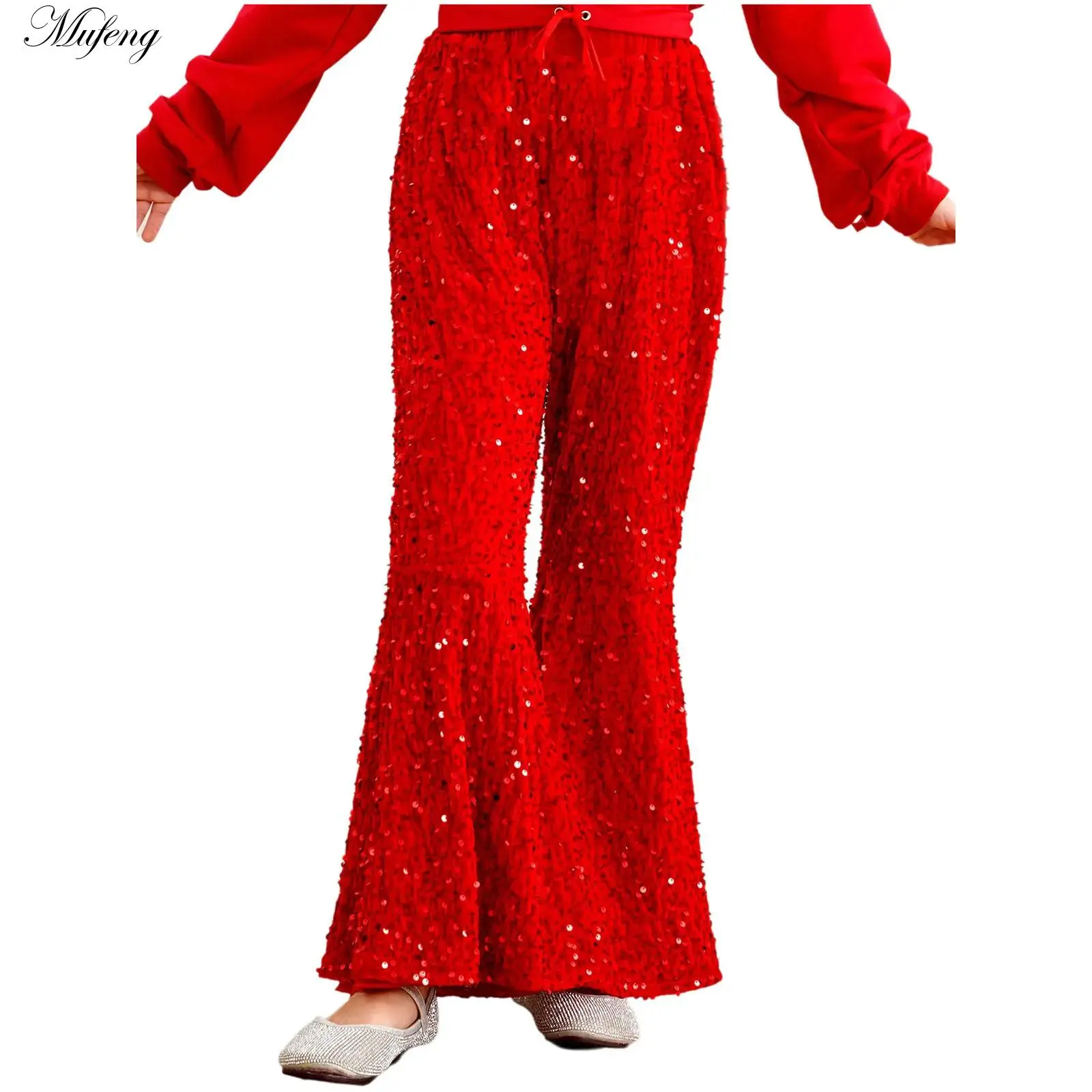 Girls Sparkly Sequins Flared Pants Christmas Jazz Dancewear High Waist Bell-Bottom Velvet Trousers for Parties Stage Performance