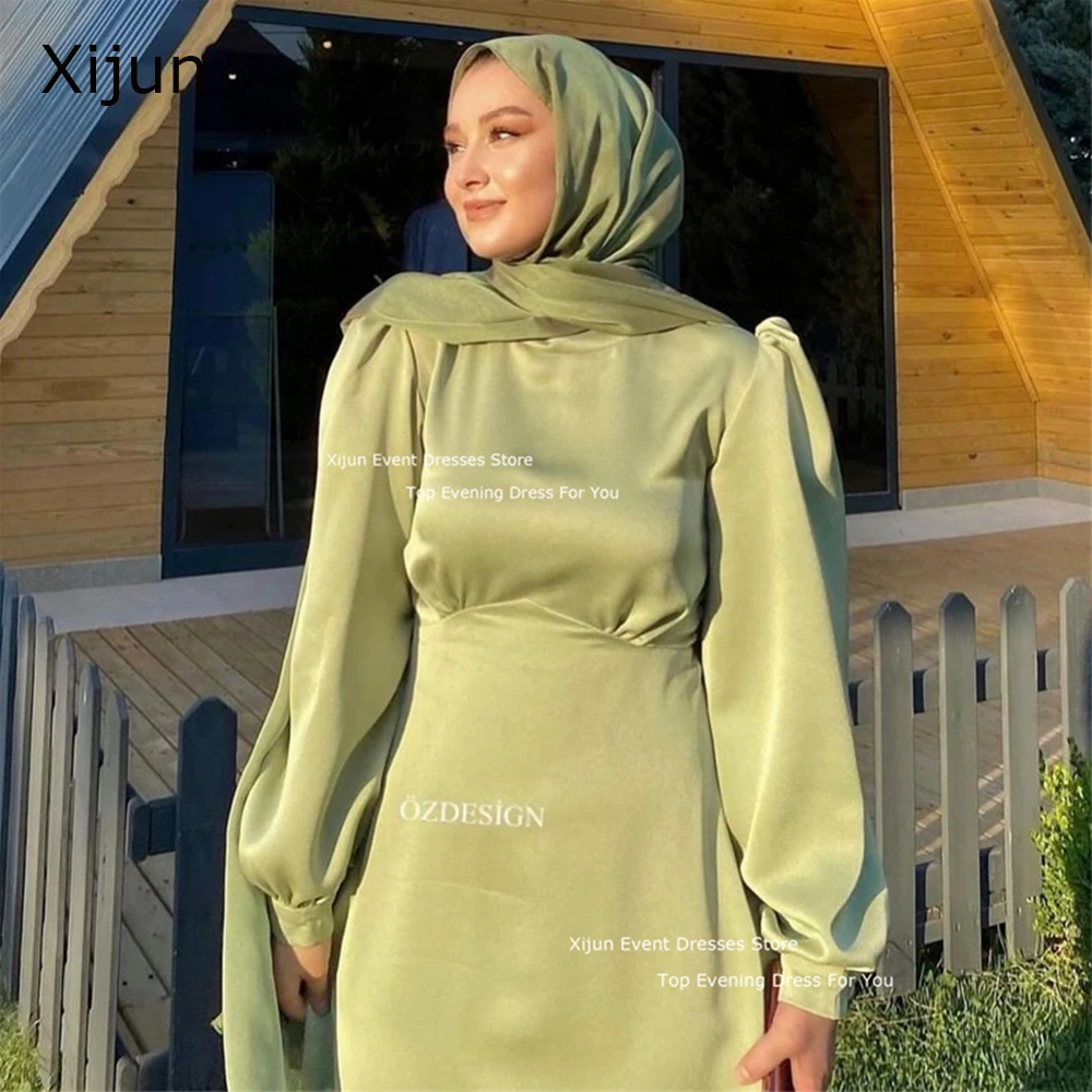 Xijun Green Satin Mermaid Evening Dresses Long Sleeves Muslim Prom Dresses Formal Dubai Floor Length Prom Gowns For Women 2024