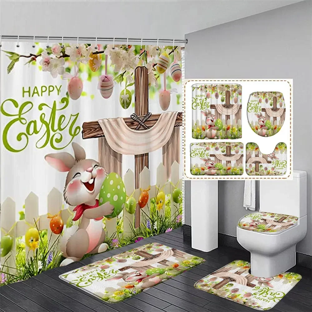 Happy Easter Shower Curtains and Rugs for Bathroom Decor Truck Bunny Elf Eggs Holiday Shower Curtains Toilet Mats Bathtub Decor