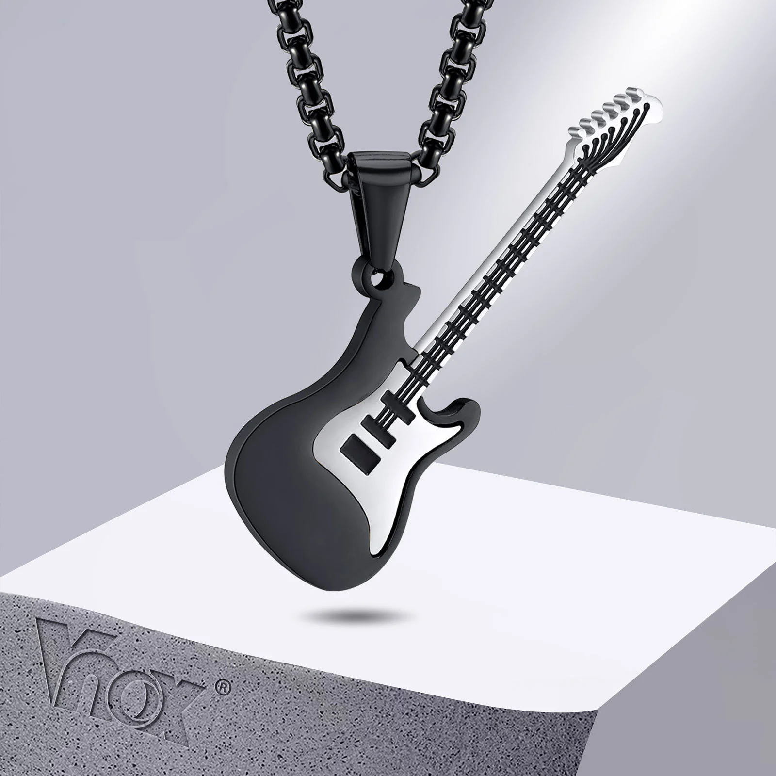 남성용 Vnox 쿨 기타 목걸이, 박스 체인이 있는 스테인레스 스틸 악기 펜던트, 펑크 록 클럽 Jewerly