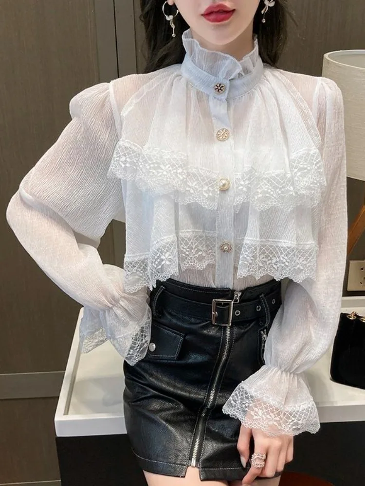 Temperament Ladies Tops Flare Sleeve White Lace Embroidery Blouse for Women 2024 Blusas Mujer De Moda Stand Neck Ruffles Shirt