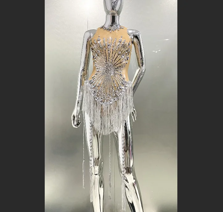 Sliver Sequins Shining Diamonds Long Tassel Sleeveless Mini Dress Evening Dress Woman Birthday Party Outfit