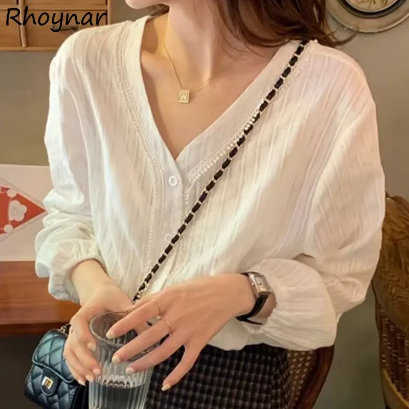 

Solid Long Sleeve Shirts Women Spring Sweet Girls V-neck Retro Thin Casual All-match Korean Style Elegant Temperament Gentle