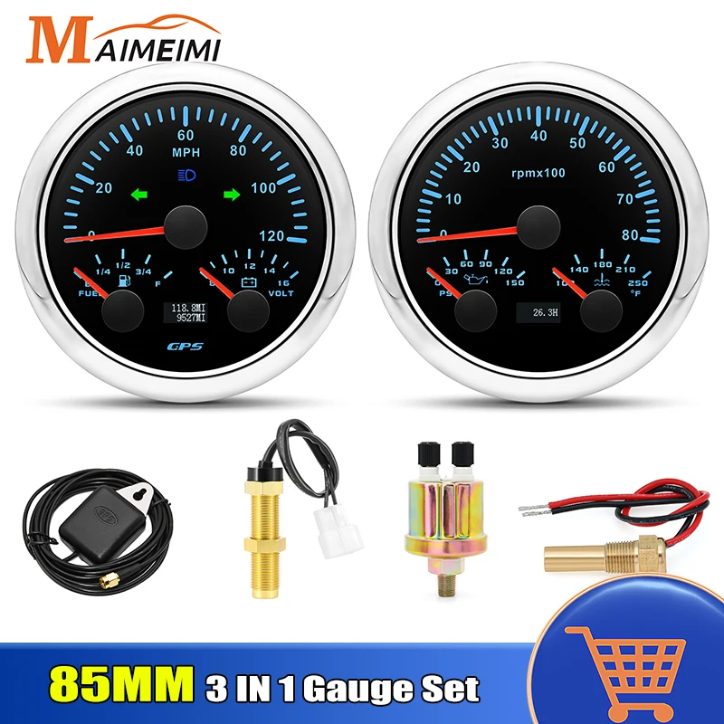 2 Gauge With Sensor 85mm 3 in 1 Tachometer+Oil Press+Water Temp 7 Colors Light Gauge 3in1 GPS Speedometer+Fuel Level +Voltmeter