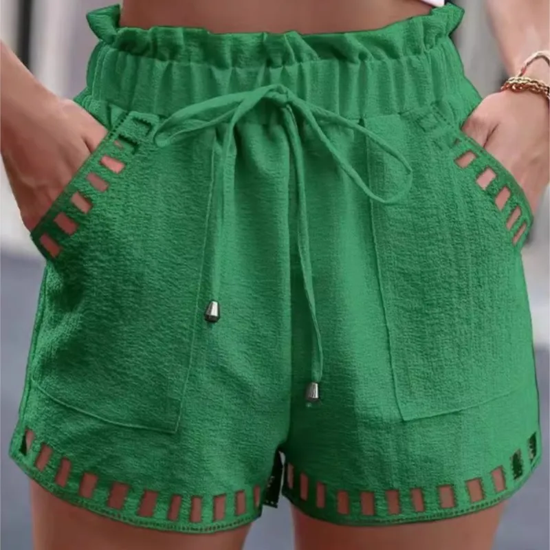 Cotton Linen Women's Solid Color Shorts Thin Hollow Out Design Trim Pocket Tight Waist Shorts Beachwear Casual Female Clothes