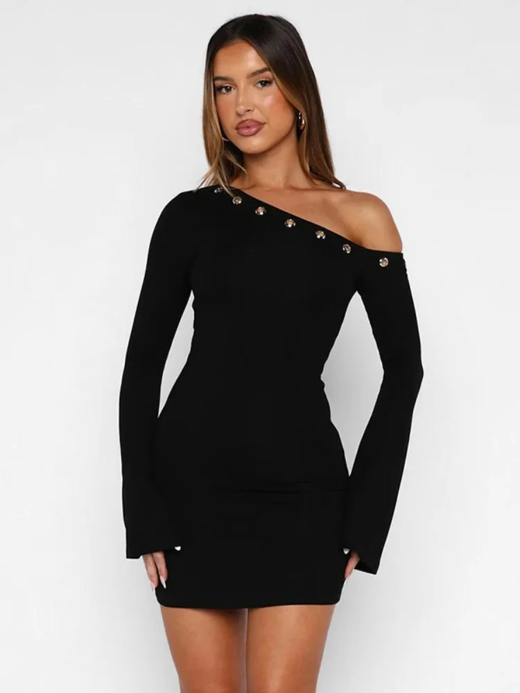 Inclined Collar Bodycon Dress For Women Hot Club Outfit Flare Sleeve One Piece Y2k Clothes Solid Black Vestidos De Mujer Ring