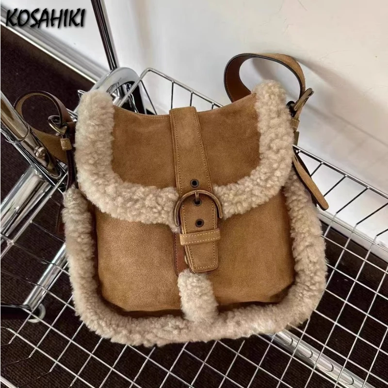 Luxury Design Patchwork Fluffy Crossbody Bag Casual Women Vintage Trendy Handbags Streetwear Fashion Y2k Aesthetic Shoulder Bags