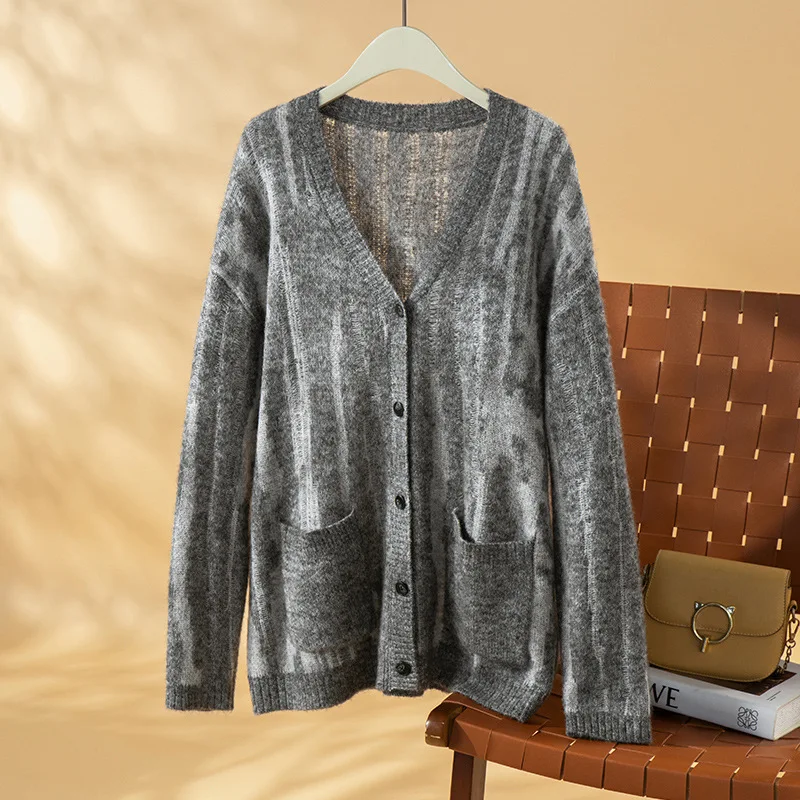 Women‘s V-Neck Oversize Destructed Jacquard Cardigan Wool Cashmere Silk Blend Sweater Gradient Effortless Loose Knit