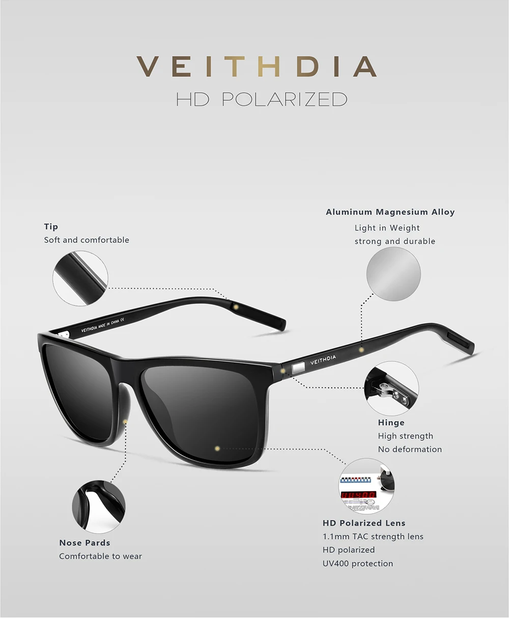 VEITHDIA Markensonnenbrille Unisex Retro Aluminium+TR90 Sonnenbrille Polarisierte Gläser Vintage Brillen Sonnenbrille für Männer/Frauen 6108 – Detail 6